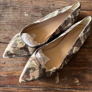 J. Crew metallic Camouflage Pointed Flats in Green and Brown